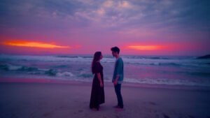 Thumbnail do vídeo: Close-up do casal se olhando na praia com céu magenta em Produção de Videoclipe Conceitual de Lemuriano & Tuca Mei – A Construção da Verdade Cênica | Lampejo Filmes